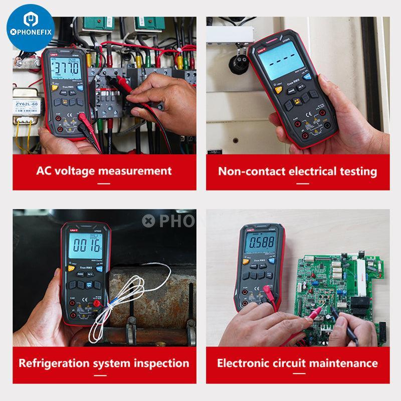 Phonefix UNI-T UT60 series digital multimeter displaying AC/DC voltage and current measurement on a digital screen.
