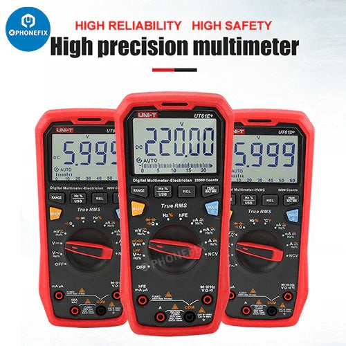 PHONEFIX UT61 Series digital multimeter with True-RMS features, used for phone testing and electrical measurements.
