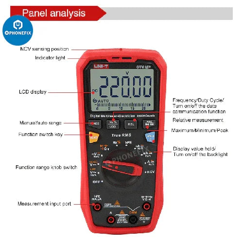 PHONEFIX UT61 Series digital multimeter with true-RMS measurement, used for phone testing and electrical diagnostics.