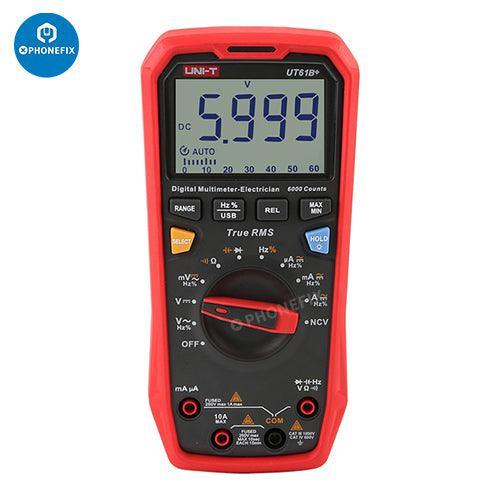 PhoneFix UT61 Series digital multimeter with True-RMS, used for phone testing and electronic measurements in a professional setting.