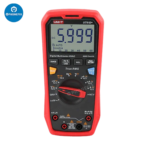 PHONEFIX UT61 Series digital multimeter with True-RMS for phone testing and electrical measurements, shown in a professional setup.