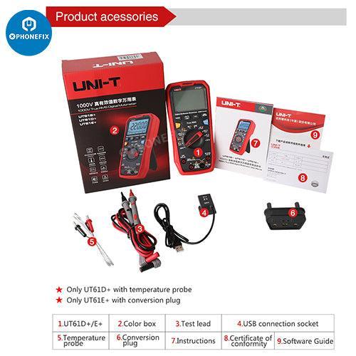 PHONEFIX UT61 Series digital multimeter with True-RMS for phone testing and electronic measurements, shown in a professional setup.