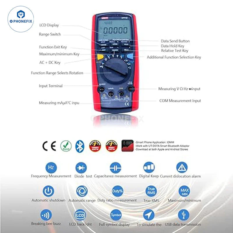 PhoneFix UNI-T UT71 Series digital multimeter showing current and voltage measurement display with test leads.