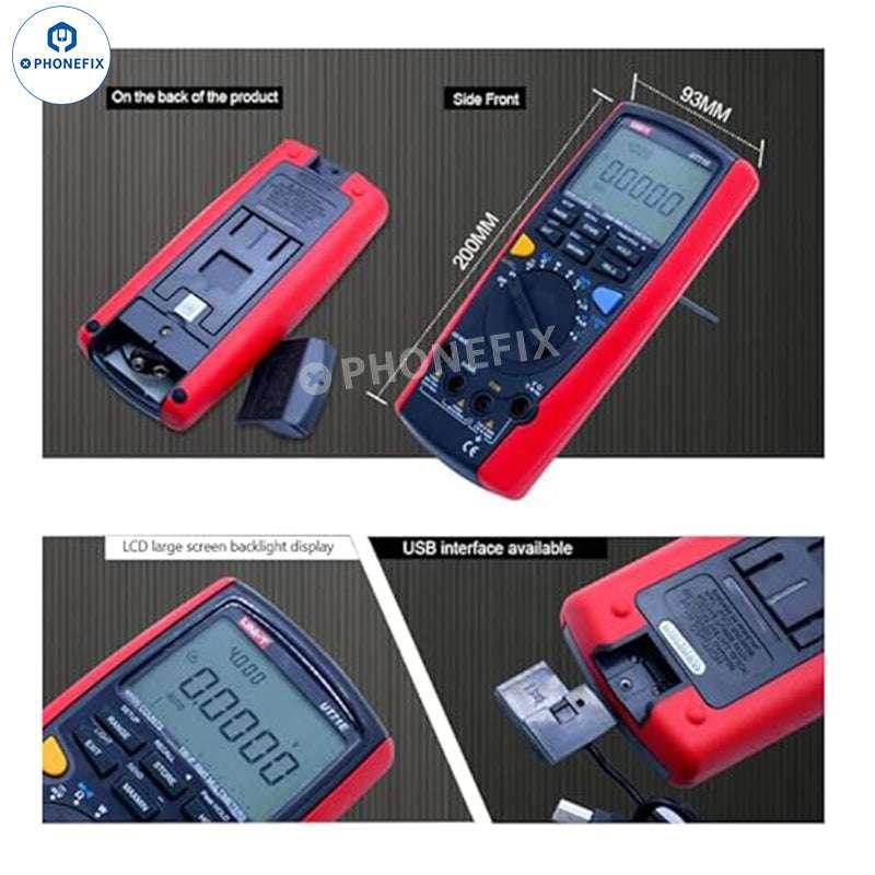 PhoneFix UNI-T UT71 Series digital multimeter displaying current and voltage readings with a digital screen and measurement probes.
