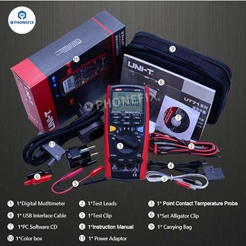 PhoneFix UNI-T UT71 Series digital multimeter displaying current voltage readings with a black and yellow device on a white background.