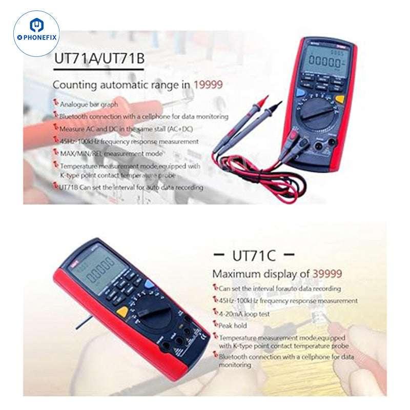 Digital multimeter from UNI-T UT71 series by PHONEFIX, showing a close-up of the device with display and measurement ports.