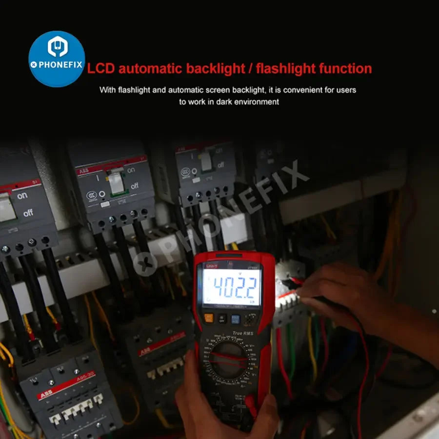 PhoneFix UT89XD LED digital multimeter showing display with voltage, current, and capacitance measurement features.