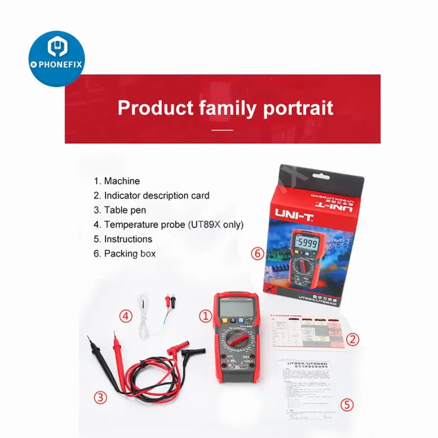 PHONEFIX UT89XD LED digital multimeter measuring voltage, current, and capacitance with a smart design and clear display screen.