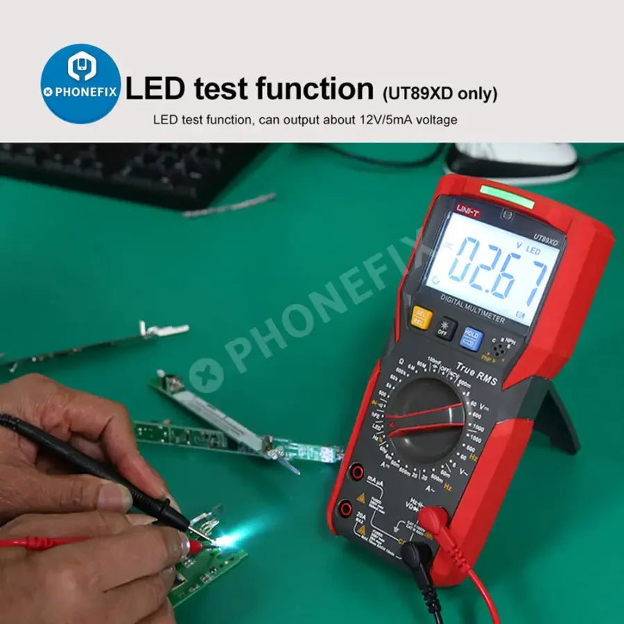Phonefix UT89XD LED digital multimeter measuring capacitance, voltage, and current with a clear display and smart testing features.