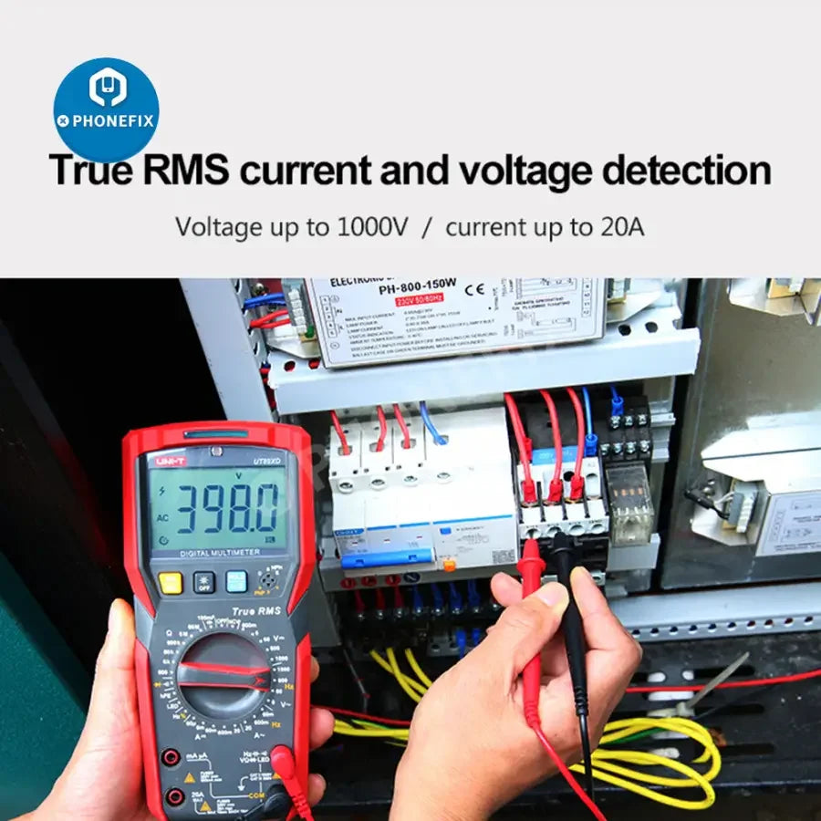 PHONEFIX UT89XD LED Digital Multimeter with smart capacitance, voltage, and current testing features for accurate electrical measurements.