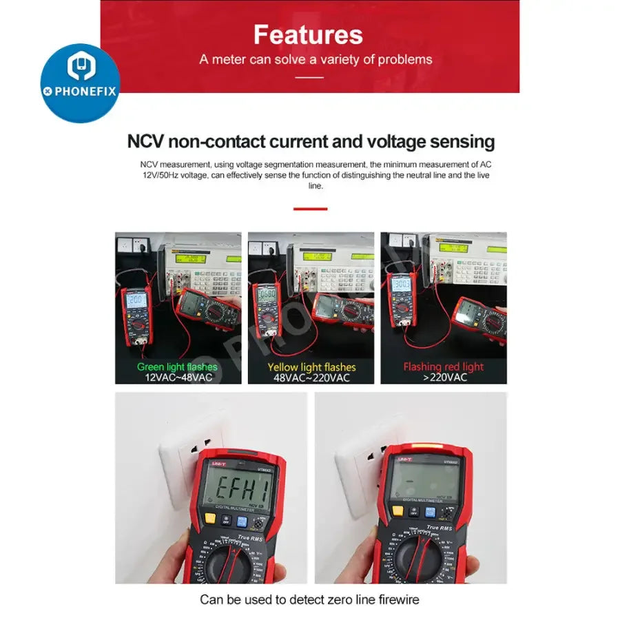 PHONEFIX UT89XD LED Digital Multimeter for measuring capacitance, voltage, and current with smart features and a clear display screen.