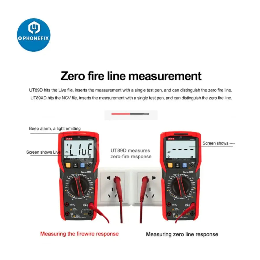 PhoneFix UT89XD LED digital multimeter measuring voltage, current, and capacitance with a compact, handheld design.