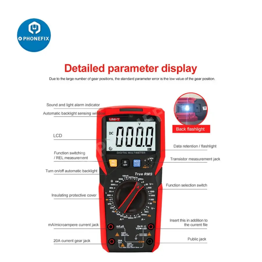 PhoneFix UT89XD LED digital multimeter testing capacitance, voltage, and current with a clear display and handheld design.