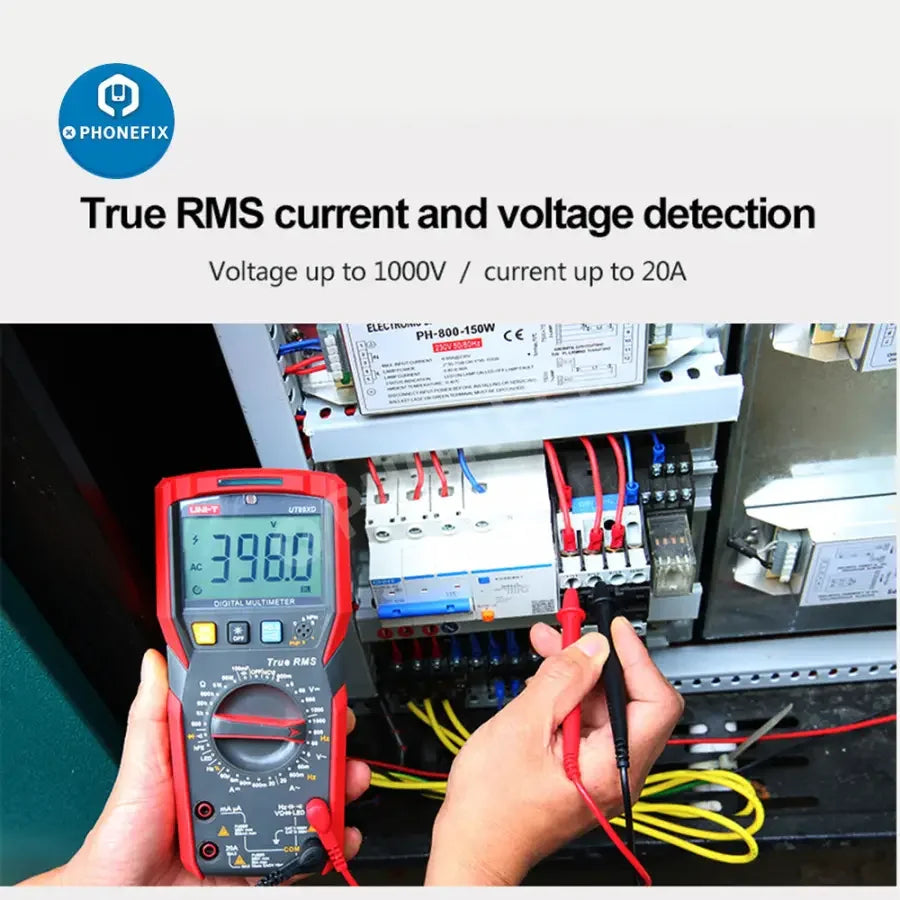 PHONEFIX UT89XD LED Digital Multimeter showing capacitance, voltage, and current testing features with a digital display and test leads.