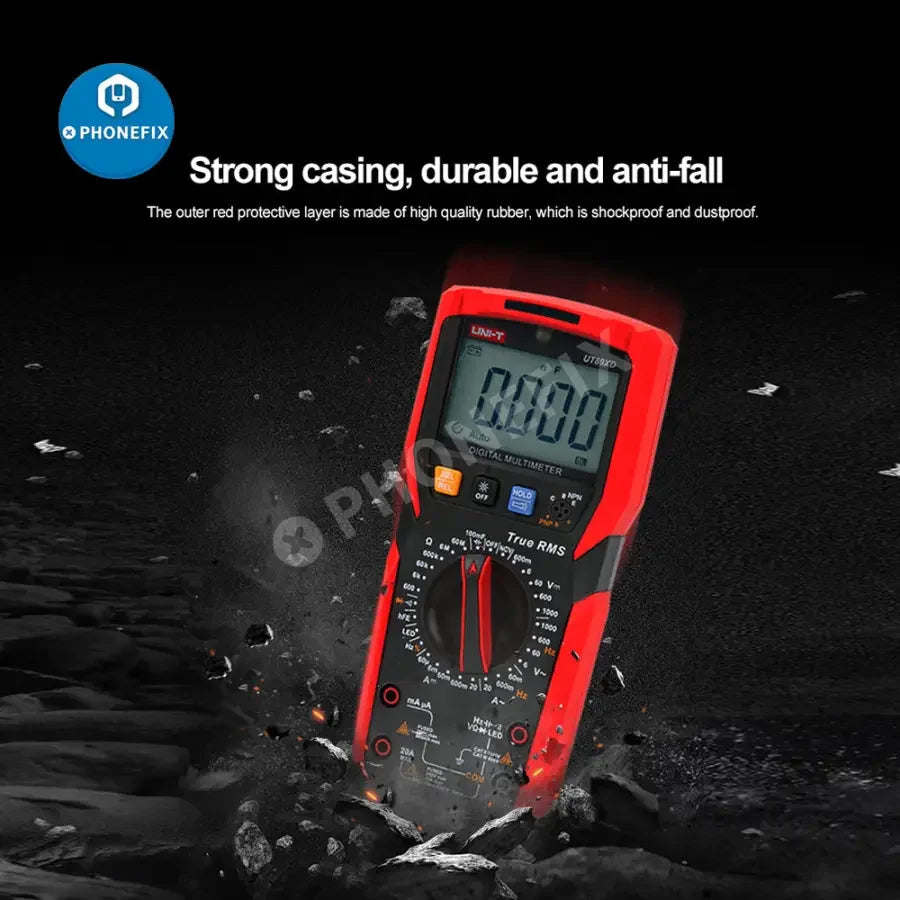PhoneFix UT89XD LED digital multimeter measuring voltage, current, and capacitance with a clear display and smart testing features.