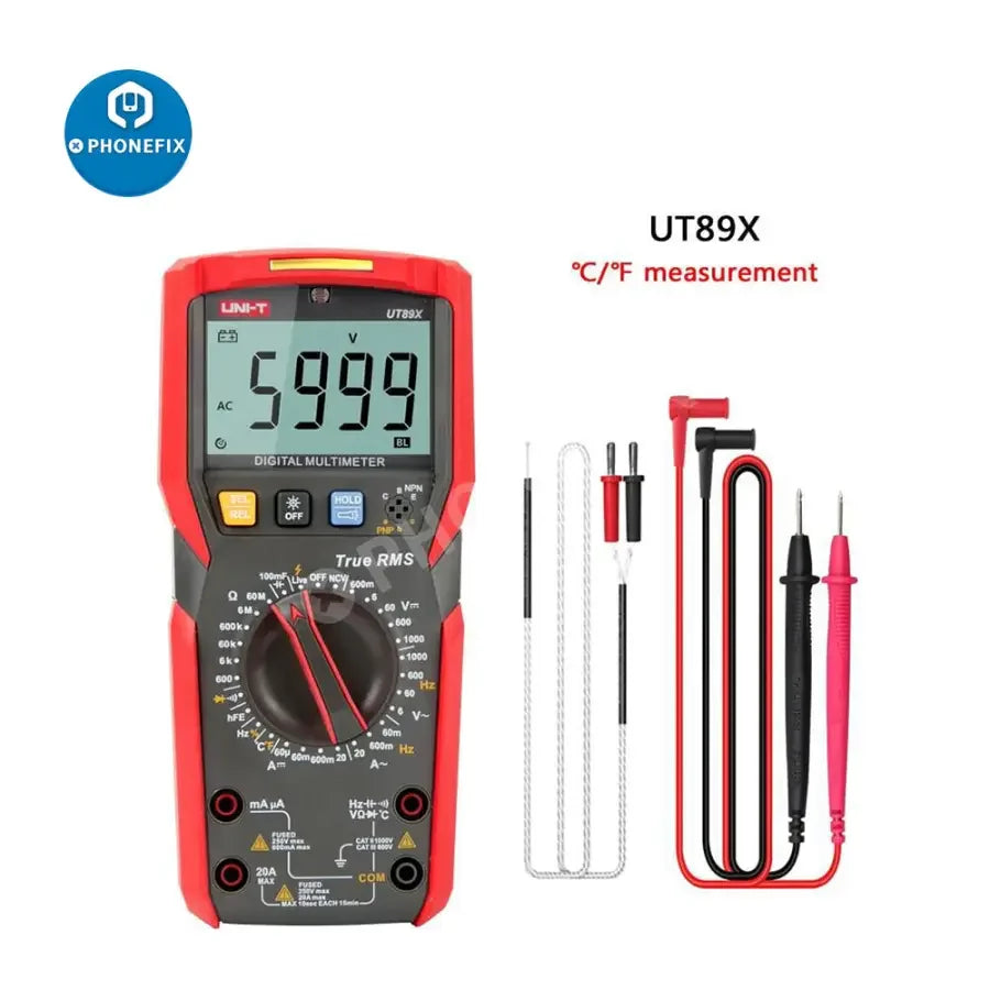 PhoneFix UT89XD LED digital multimeter measuring voltage, current, and capacitance with a smart design and clear display.