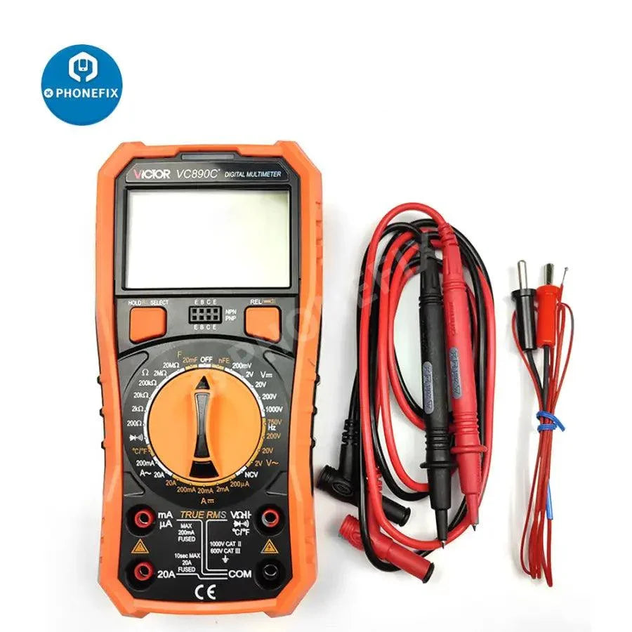 Multimètre numérique PHONEFIX VC890D pour le test des défauts des circuits imprimés, multimètre universel polyvalent avec affichage numérique et sondes de test.