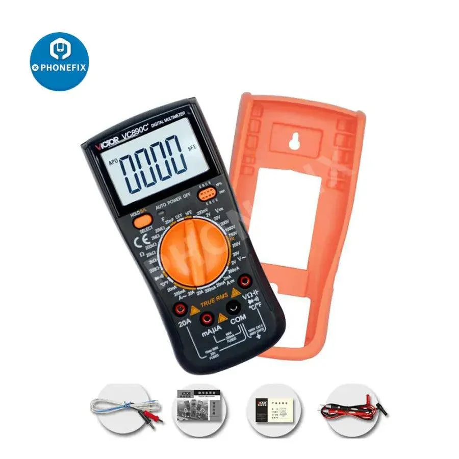 Multimètre numérique Phonefix VC890D pour le test des défauts des circuits imprimés, multimètre universel avec affichage et sondes de test pour le dépannage électronique.