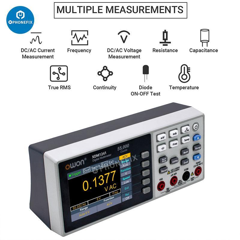 Phonefix digital multimeter measuring AC/DC voltage and current, compact handheld testing device with digital display.