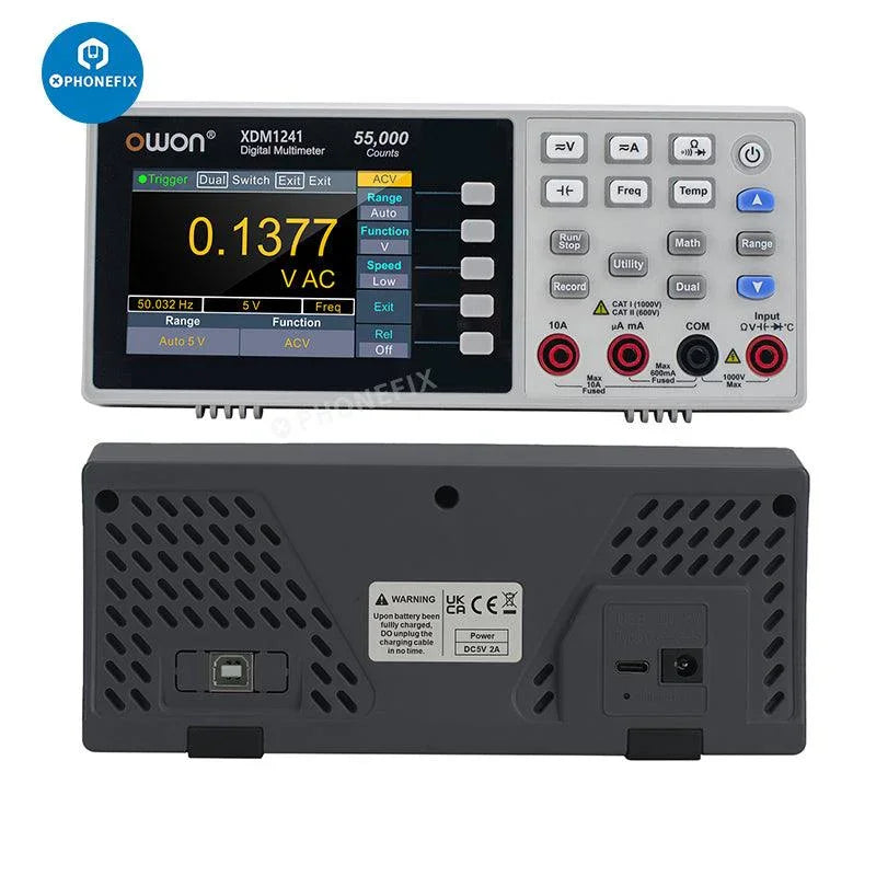 PhoneFix digital multimeter measuring AC/DC voltage and current, compact handheld tester for electrical testing.