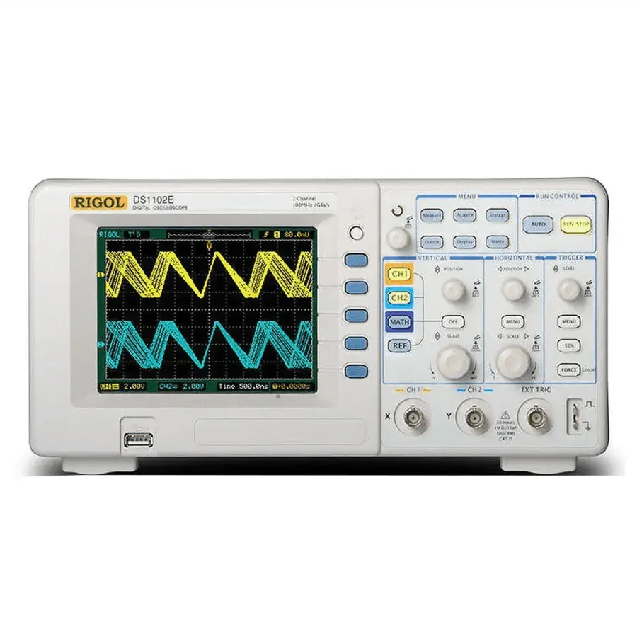 Rigol DS1102Z-E digital storage oscilloscope with 2 channels and 100MHz bandwidth, featuring a clear display and control knobs.