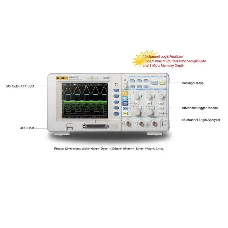 Rigol DS1102Z-E digital storage oscilloscope with 2 channels and 100MHz bandwidth, displayed on a black background.
