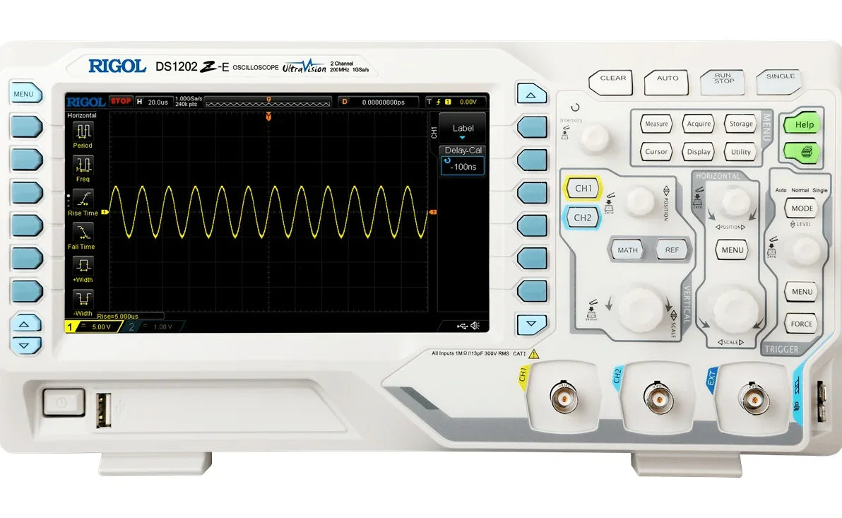 Rigol DS1102Z-E digital storage oscilloscope with 2 channels and 100MHz bandwidth, displayed on a desk with test equipment.