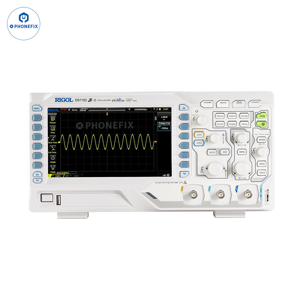 Rigol DS1102Z-E digital storage oscilloscope with 2 channels and 100MHz bandwidth, shown in the product image.