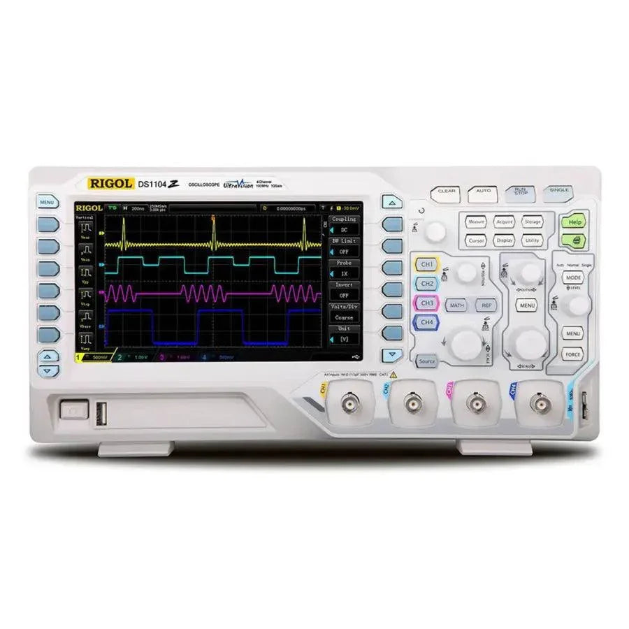 Rigol DS1104Z Plus digital storage oscilloscope with 4 channels and 100MHz bandwidth, displayed on a workbench.