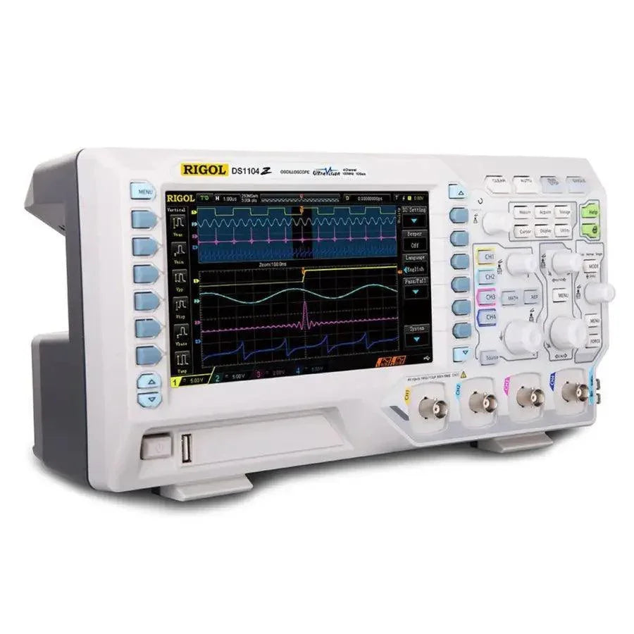 Rigol DS1104Z Plus digital storage oscilloscope with 4 channels and 100MHz bandwidth, displayed on a workspace.