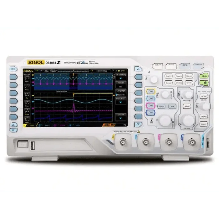 RIGOL DS1054Z digital oscilloscope with four channels, 50 MHz bandwidth, and 24Mpts memory displayed on a screen.