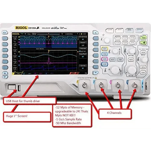 PhoneFix RIGOL DS1054Z digital oscilloscope with four channels, 50 MHz bandwidth, and 24Mpts memory for electronic signal analysis.