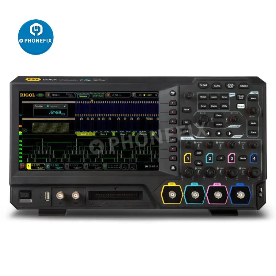 Rigol MSO5074 four-channel 70 MHz digital oscilloscope with display and control buttons, used for electronic signal analysis.