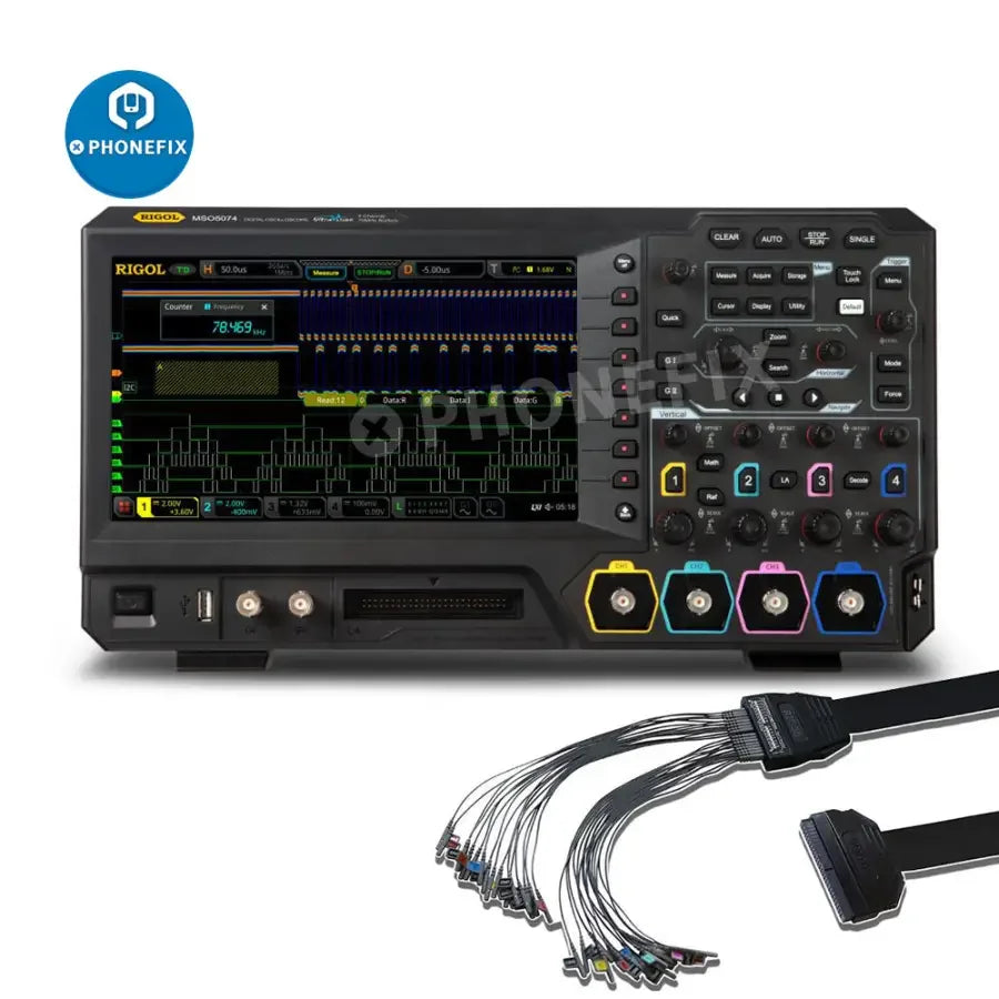 Rigol MSO5074 four-channel 70 MHz digital oscilloscope with display and control knobs, used for electronic signal testing.