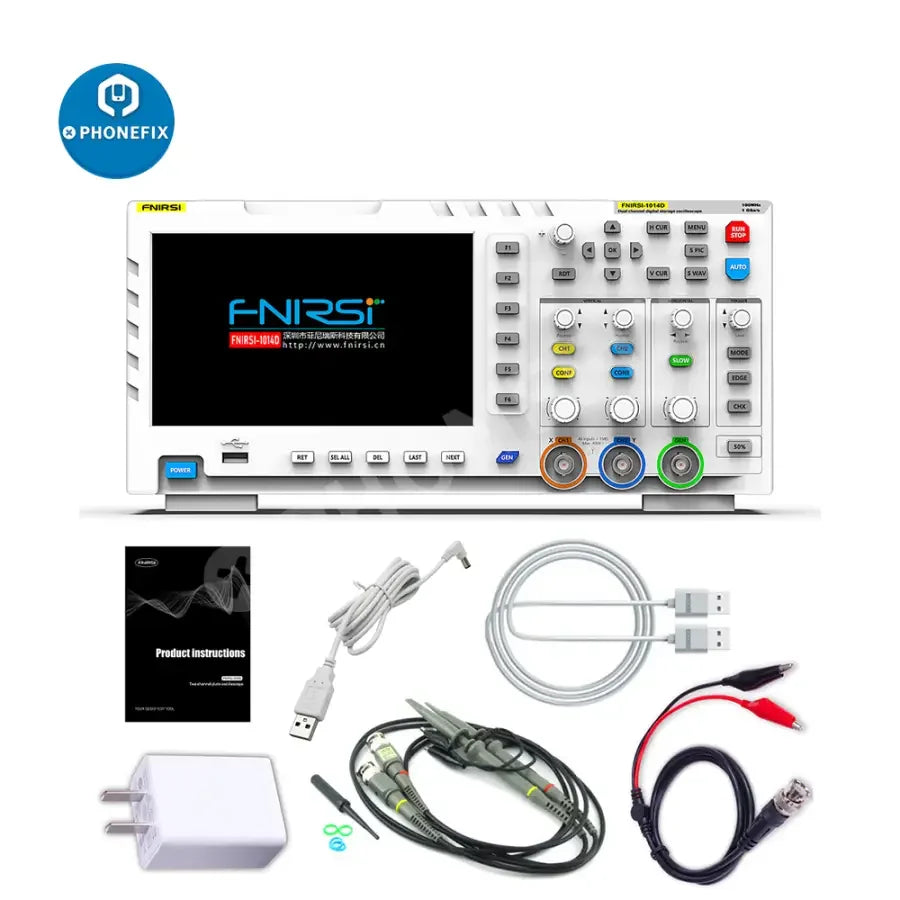 FNIRSI-1014D digital oscilloscope with dual channel input and signal generator, used for electronic testing and analysis.
