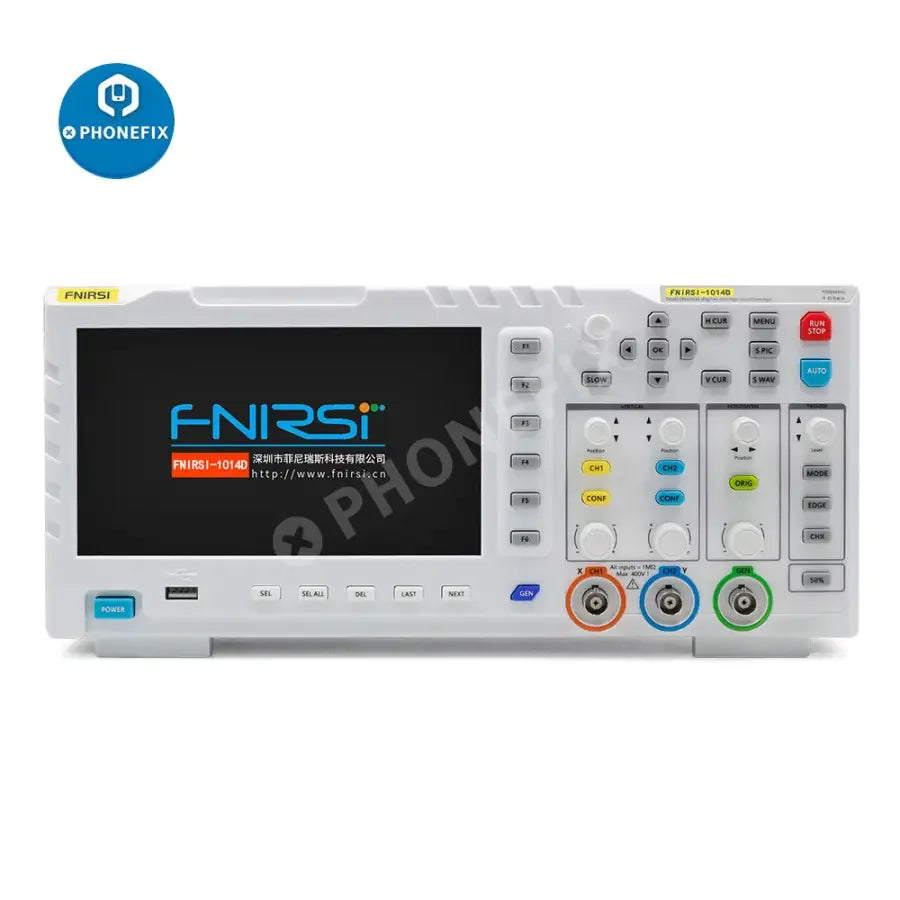 FNIRSI-1014D digital oscilloscope with dual channel input and signal generator, branded PHONEFIX, shown in a technical setup image.
