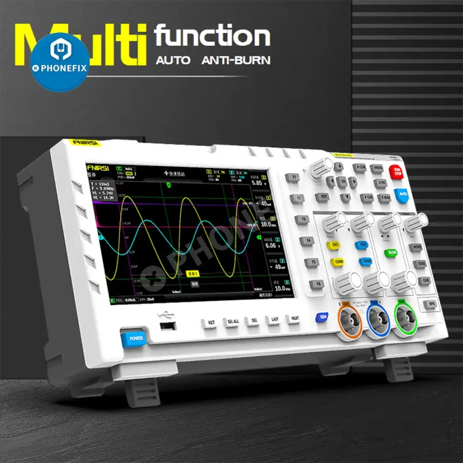 FNIRSI-1014D digital oscilloscope with dual channels and input signal generator, branded PHONEFIX, shown in a technical setup.