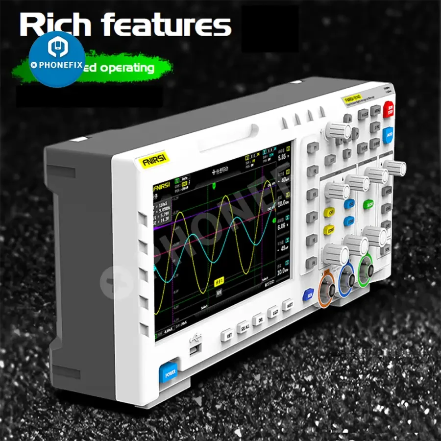 FNIRSI-1014D digital oscilloscope with dual-channel input and signal generator, branded PHONEFIX, shown in a close-up image.
