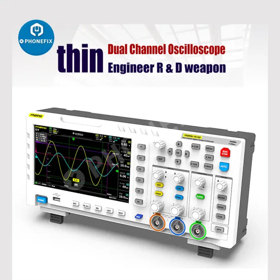 FNIRSI-1014D digital oscilloscope with dual channel input and signal generator, branded PHONEFIX, shown in close-up.
