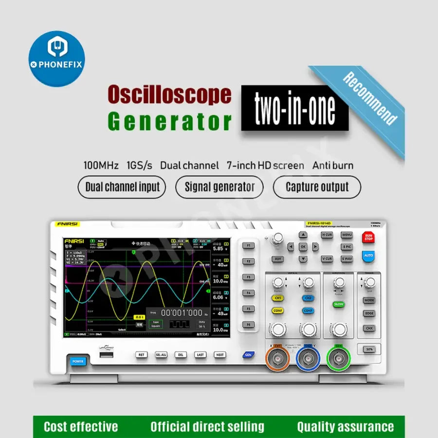 FNIRSI-1014D digital oscilloscope with dual channel input and signal generator, used for electronics testing and measurement.