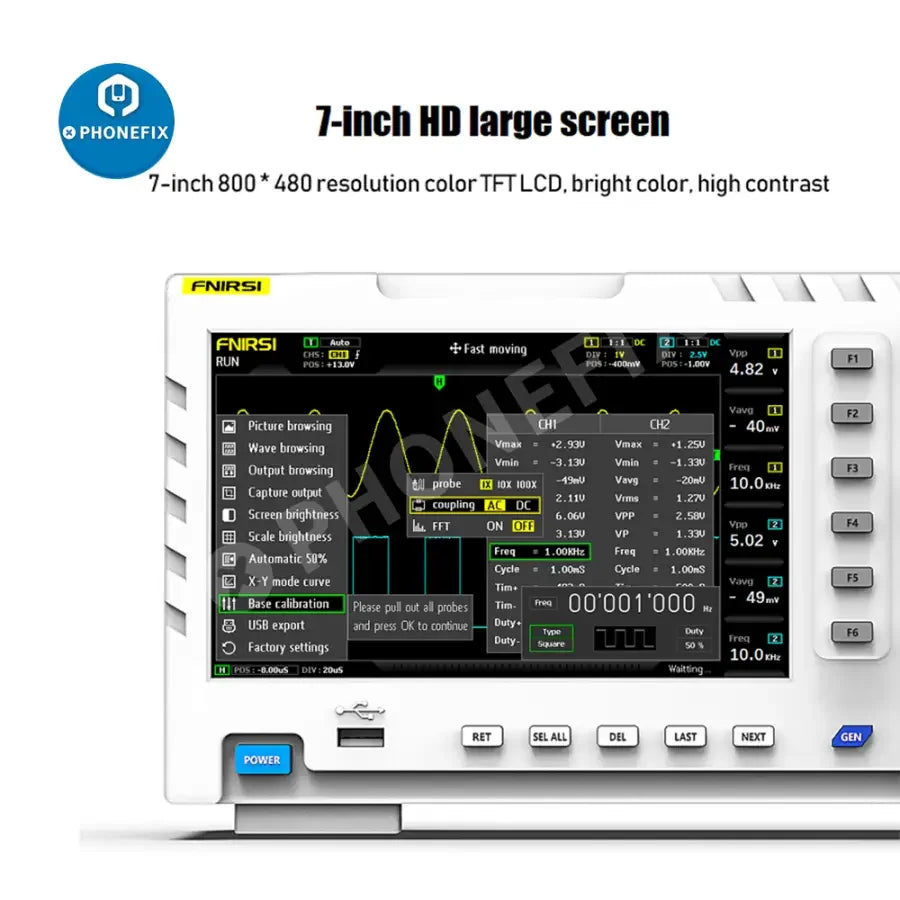 FNIRSI 1014D digital oscilloscope with dual channel input and signal generator, used for electronic testing and analysis.