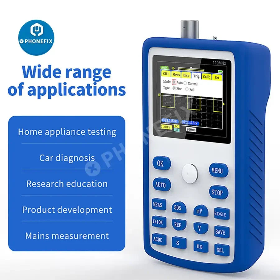 FNIRSI-1C15 professional digital oscilloscope from PHONEFIX with waveform storage feature, displayed on a testing bench.
