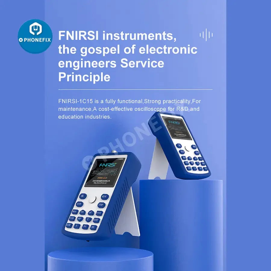 FNIRSI-1C15 Professional Digital Oscilloscope by PHONEFIX showing waveform display and storage features on its screen.
