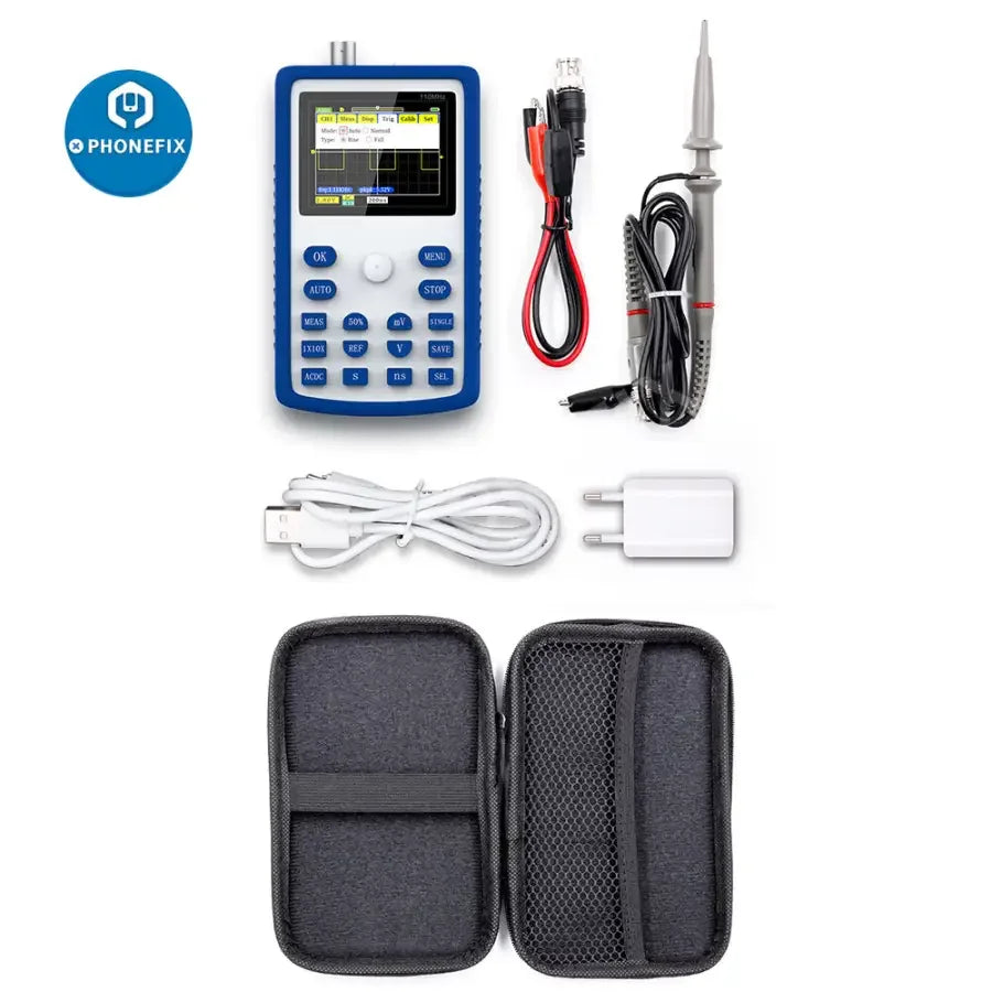 FNIRSI-1C15 professional digital oscilloscope by PHONEFIX showing waveform display and storage features on its screen.