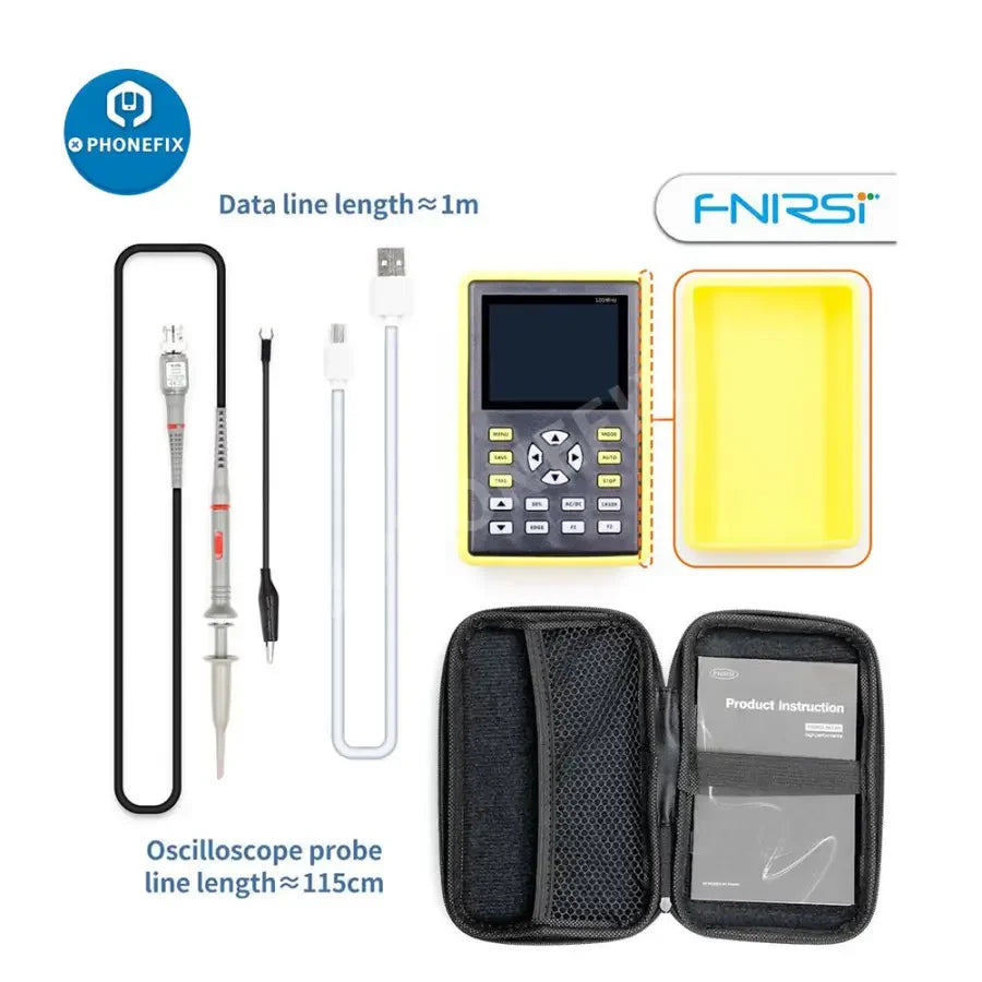 PHONEFIX FNIRSI-5012H digital oscilloscope with anti-burn technology and waveform storage, showcasing front display and control buttons.
