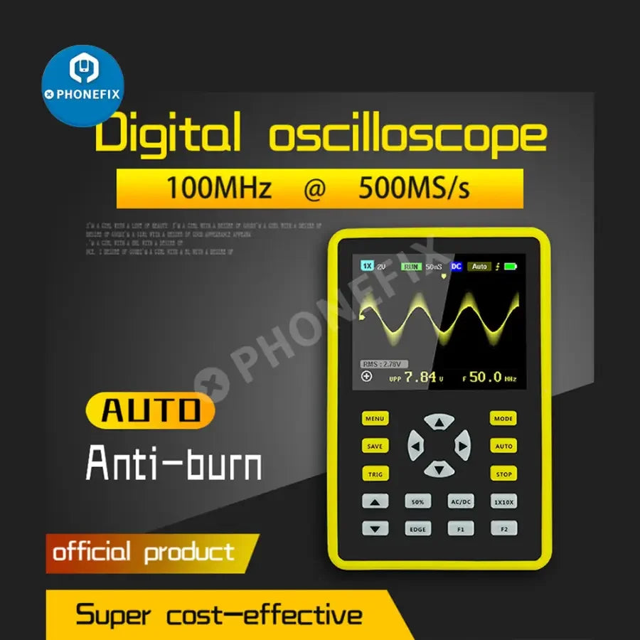 PHONEFIX FNIRSI-5012H digital oscilloscope with anti-burn design and waveform storage feature, shown with digital display and controls.
