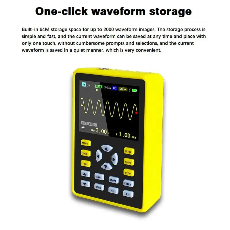 PHONEFIX FNIRSI-5012H Digital Oscilloscope with waveform storage and anti-burn protection, showing a colorful waveform on the screen.