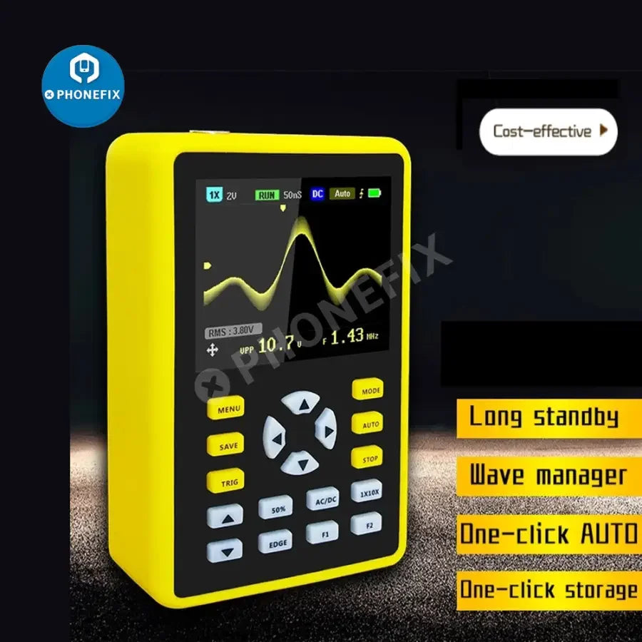 PHONEFIX FNIRSI-5012H digital oscilloscope displaying waveform data with anti-burn support and waveform storage features.