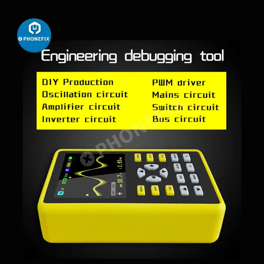 PHONEFIX FNIRSI-5012H digital oscilloscope with anti-burn design and waveform storage feature, showing the device with display and controls