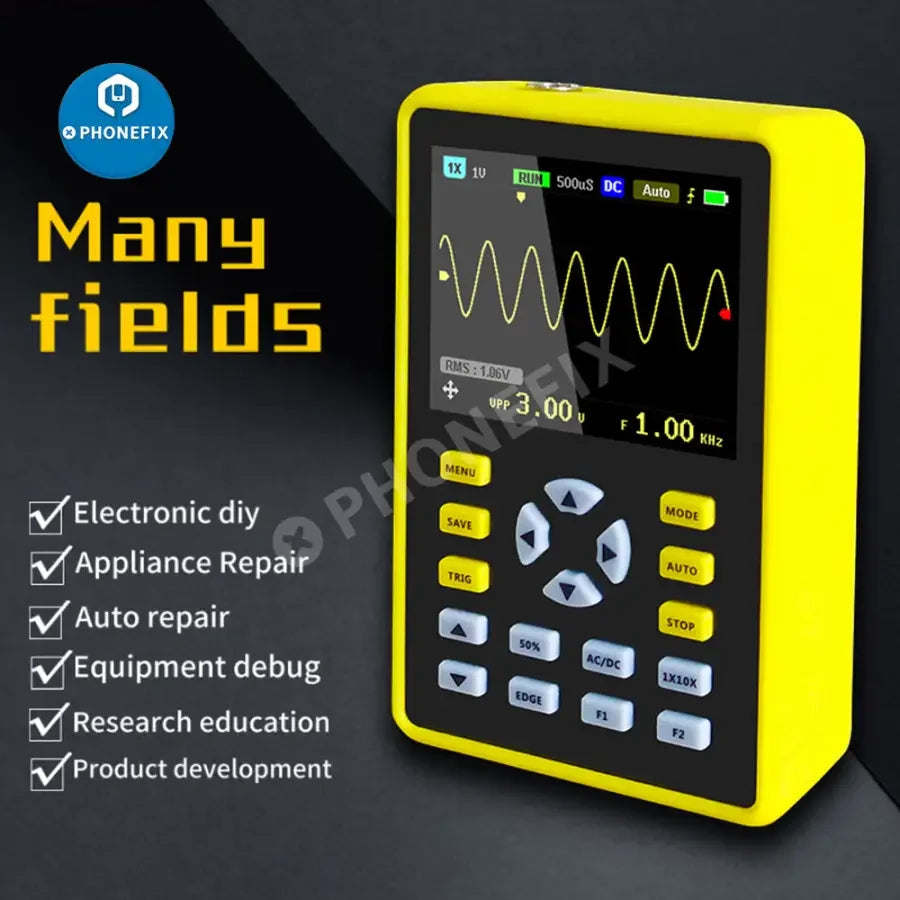 FNIRSI 5012H Digital Oscilloscope by PHONEFIX showing waveform display and storage features on the device screen